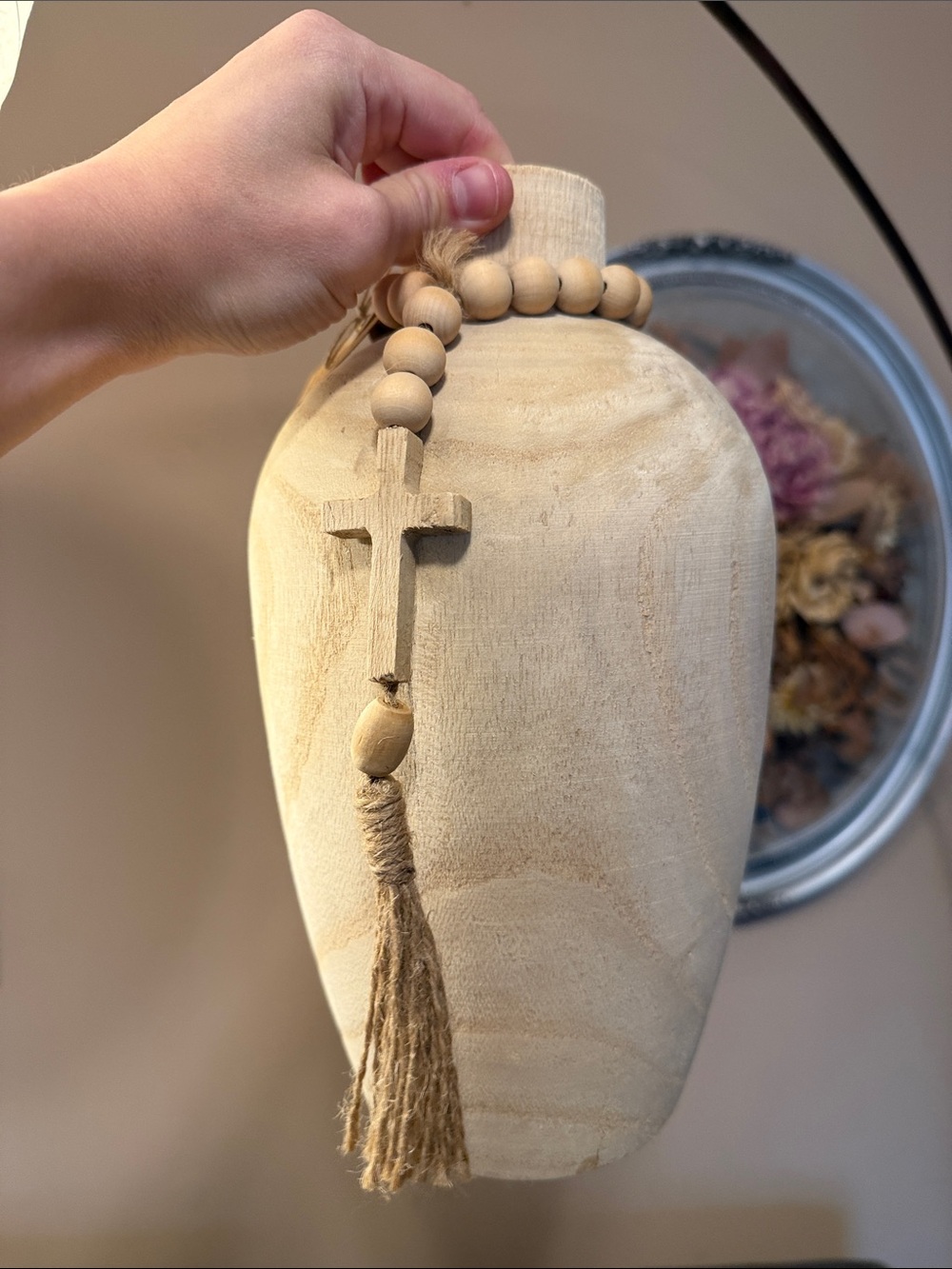 NWT Mud Pie Cream Wood Bead Rosary Vase Accent with Tassel